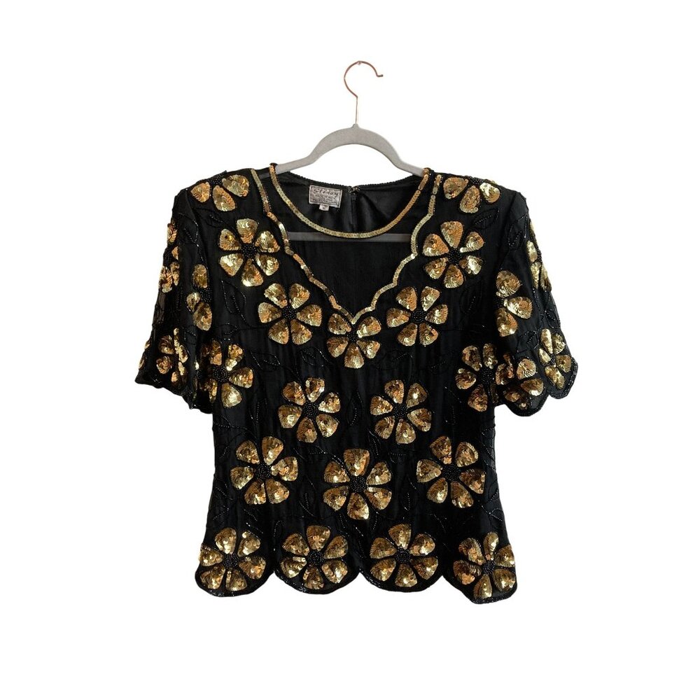 Vintage Sequin Floral Black & Gold Beaded Silk Blouse Short Sleeve Scalloped Hem